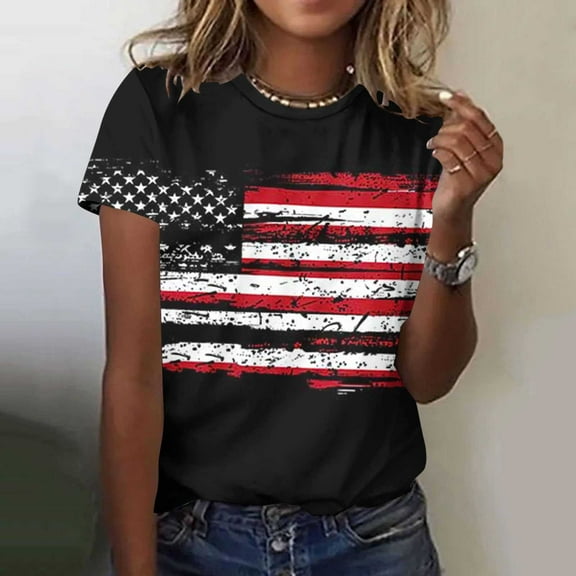 VKOYWKM Women's USA Flag Short Sleeve Tops Patriotic American Flag T Shirts Independence Day T-Shirts Casual Crew Neck Star Stripe Graphic Tees Top