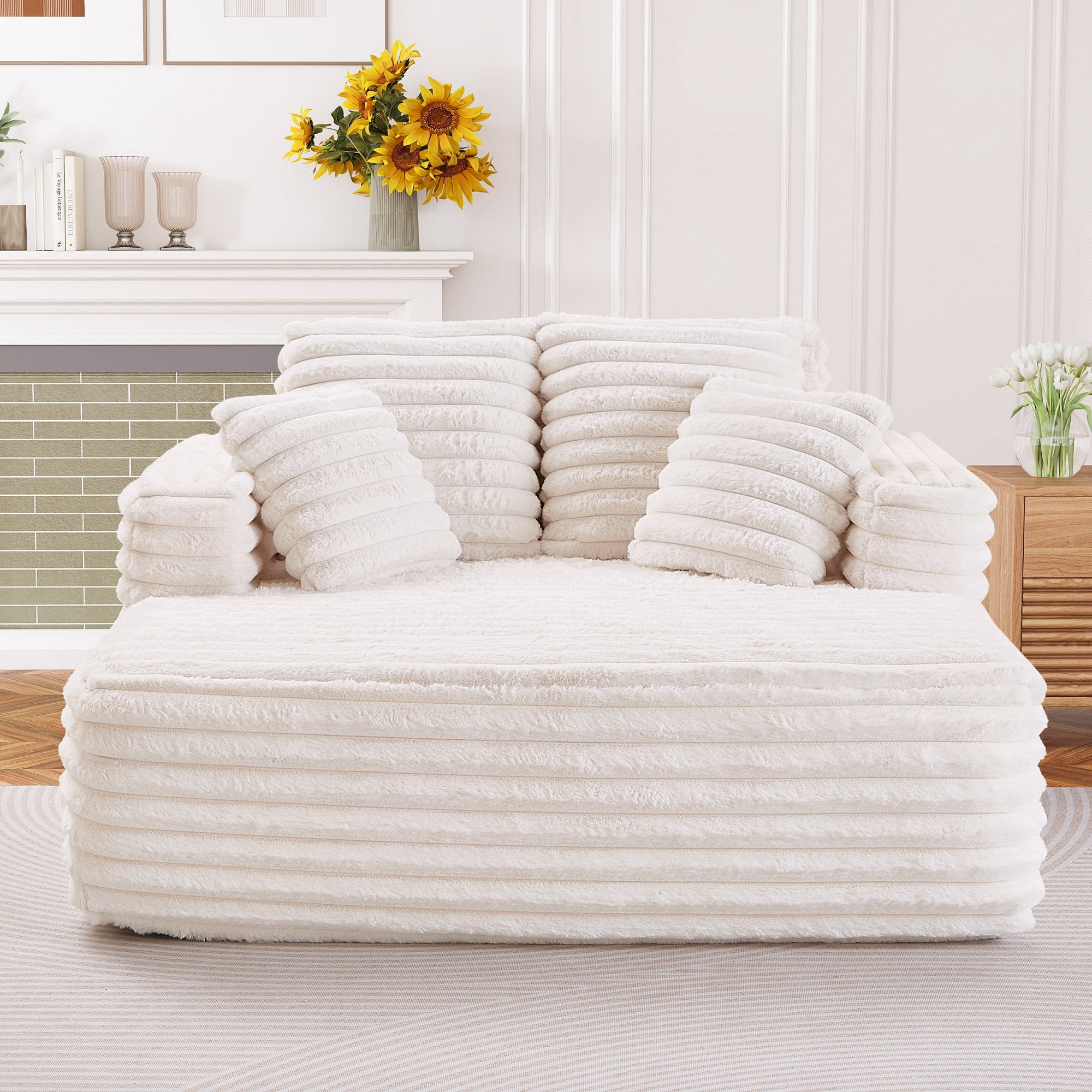 Muumblus Oversized Chaise Lounge Chair Indoor Furniture, No Assembly Required, Plush Corduroy Upholstered Sofa Bed Cozy Sleeper Couch for Living Room, Bedroom, Beige White