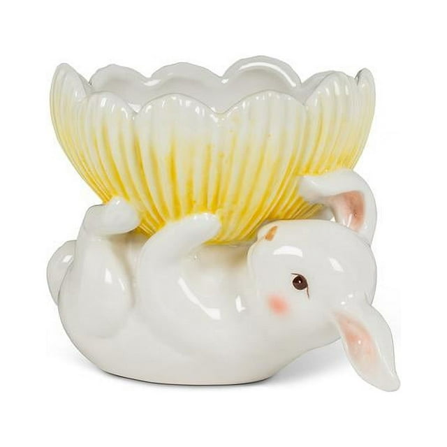 Abbott Collections AB-27-TEAPARTY-303 6 in. Rabbit with Flower Planter, White & Yellow