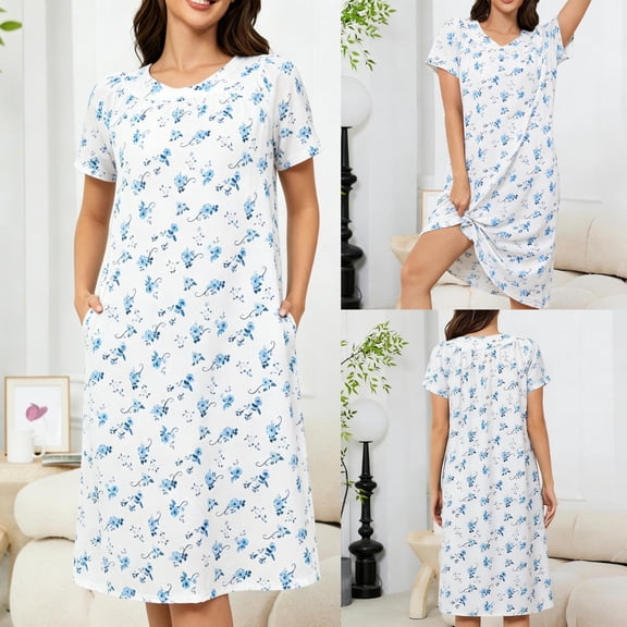 Lutiedan Cotton Nightgowns for Women Short Sleeve Midi Sleepshirts V Neck Floral Loungewear Nightshirt with Pockets,White,XXL