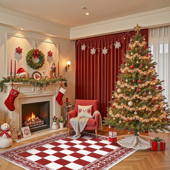 Area Rug Washable Checkered Christmas Holiday Carpet