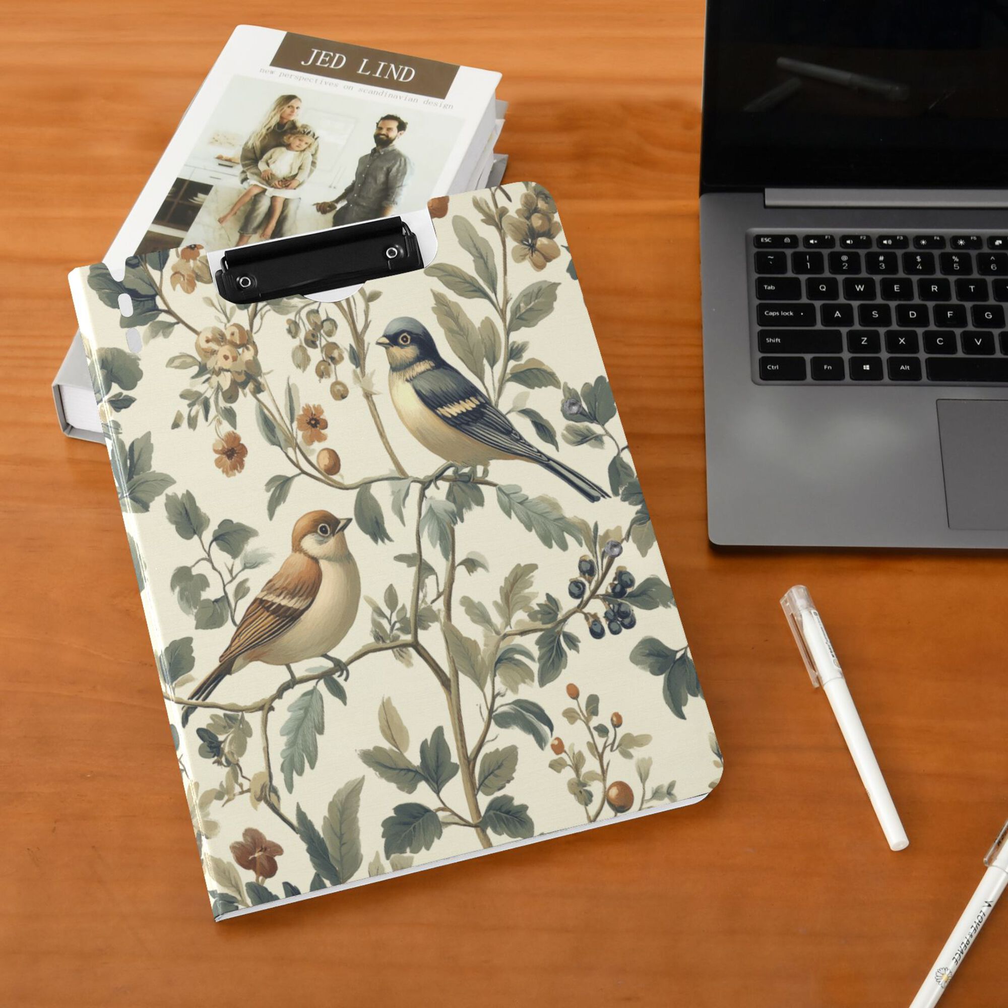 FORMRS A4 Clipboard Folder with Pen Holder Horizontal Foldable School Office Binder, Green Birds