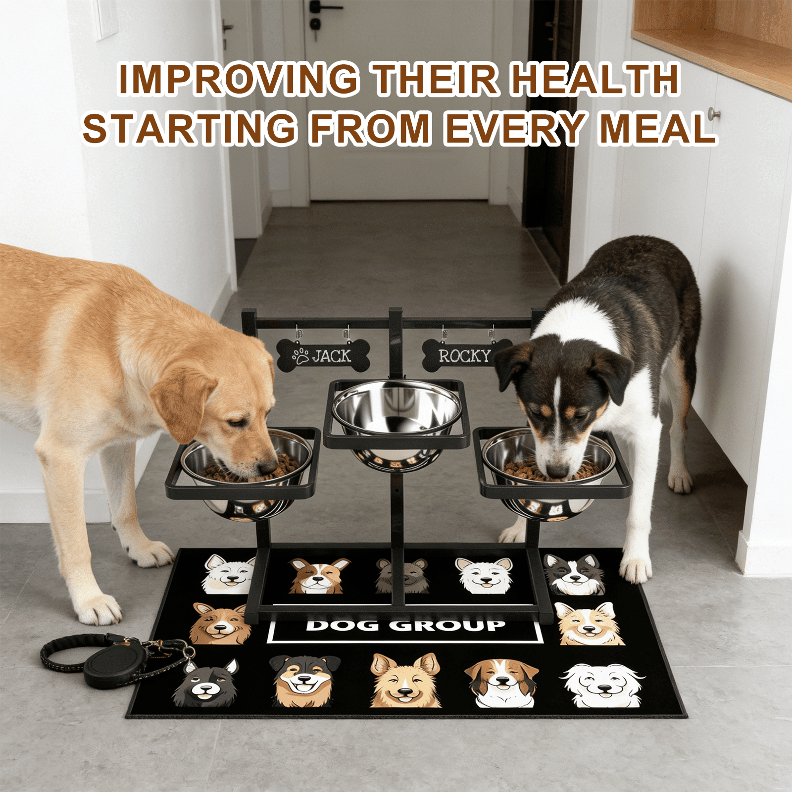 Adjustable Height 3-Bowl Raised Dog Feeder Stand, Ergonomic Anti-Slip Pet Dining Station