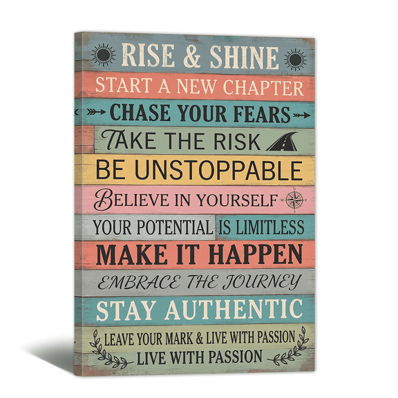 Inspirational Canvas Wall Art - Framed Rise Shine New Chapter Quotes Prints Vintage Positive Motto Artwork Paintings Gifts for Living Room Classroom Library Office Home Wall Decor