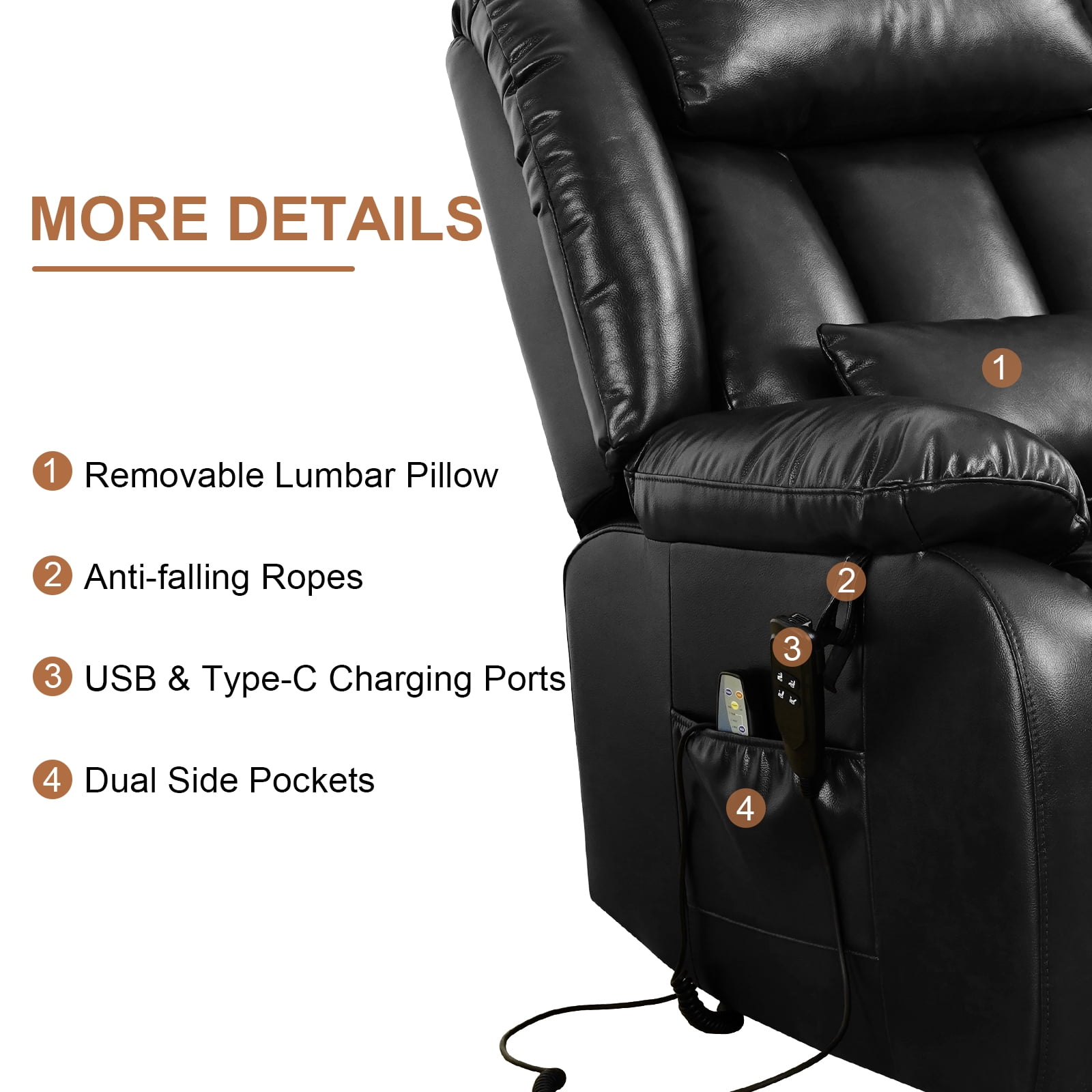TEKAMON Infinite Position Lift Recliner Chair for Elderly with Heat Massage and Extended Footrest Lay Flat Sleeping Leather Dual Motor Power Lift Chair for Living Room (Black)