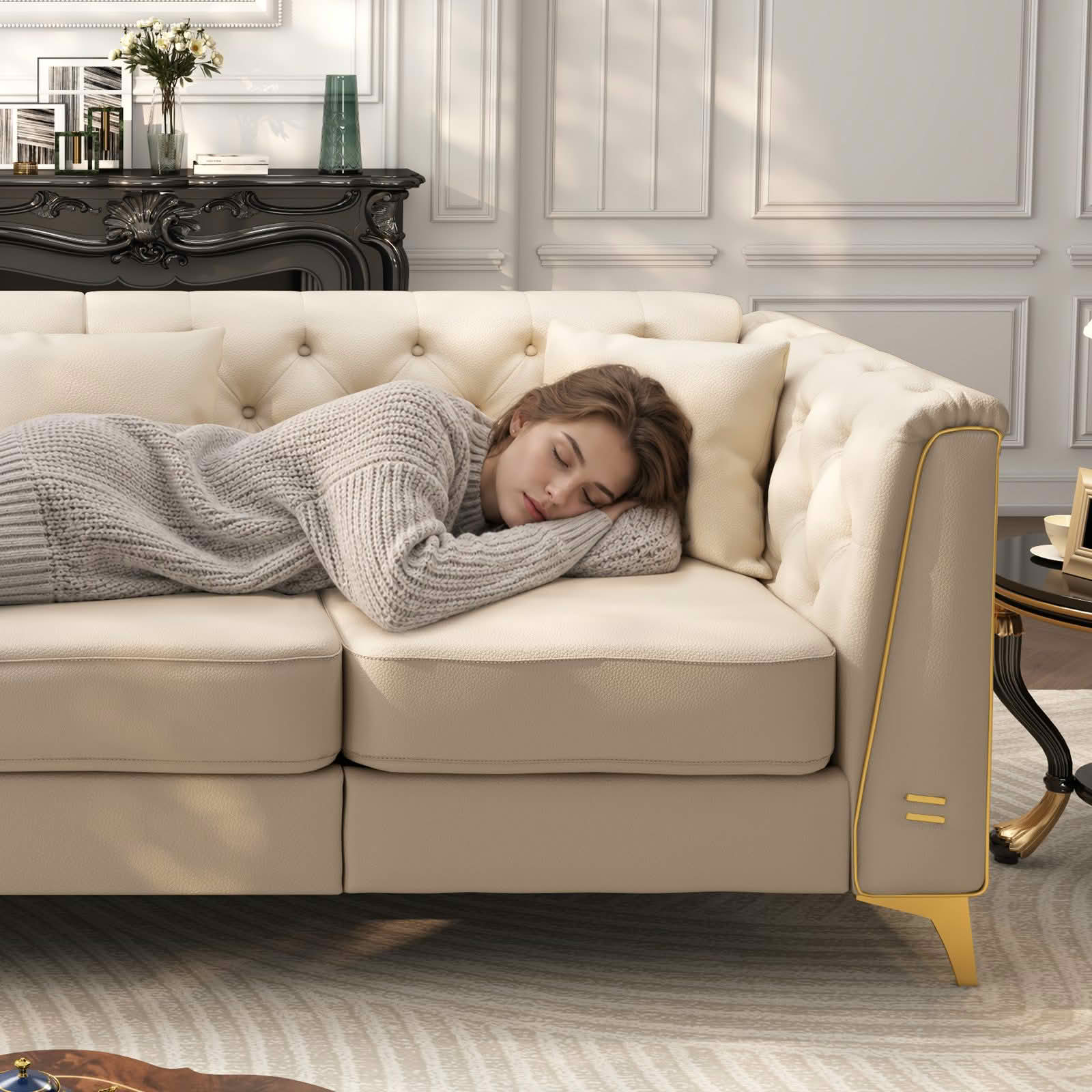 MAYEERTY 61.8" Light Luxury Modular Chesterfield 2‑Seater Sofa with Ottoman, Faux‑Leather Loveseat, Button Tufting, Metal‑Trim Armrest & Slim Metal Legs, 2 Pillows Included