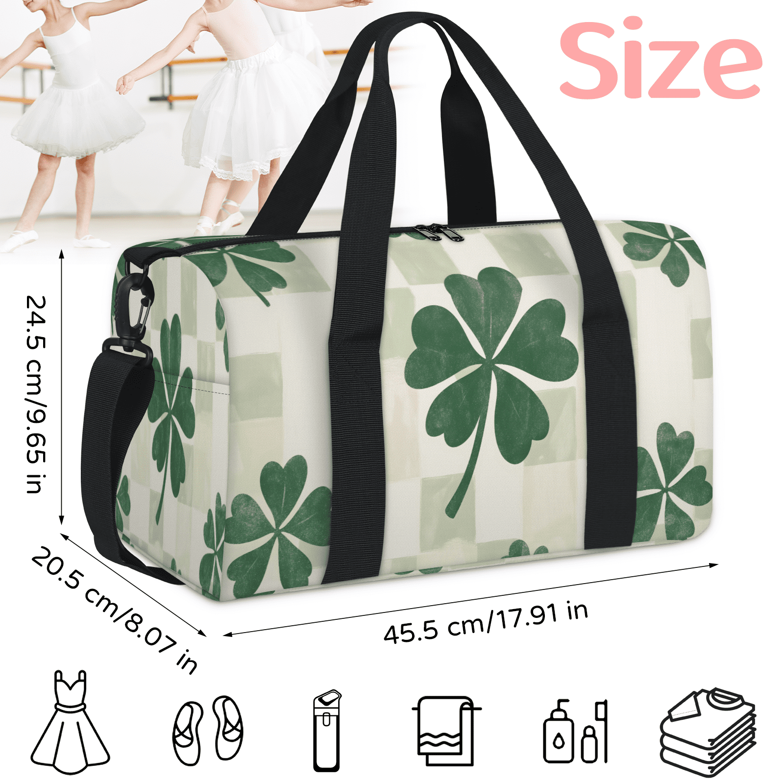 Herdesigns St. Patrick's Day Leaf Clovers Gym Bag for Women, Duffle Bag for Travel Sport, Lightweight Waterproof Carry on Weekender Overnight Dance Yoga Workout Bags