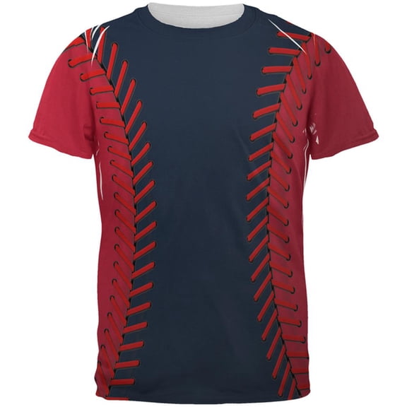 Baseball League Navy Blue and Red All Over Mens T Shirt