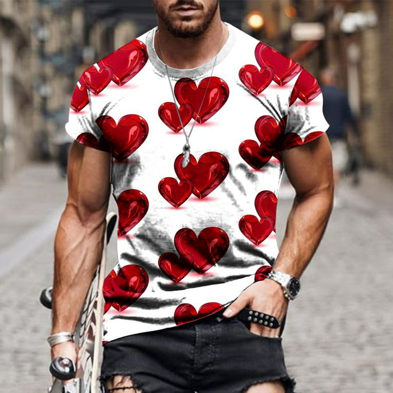 Men Casual Round Neck Valentine's Day T Shirt Fashion Short Sleeve Heart  Print Graphic Designs Streetwear Hipster Round Neck Cool Style Top Tee 