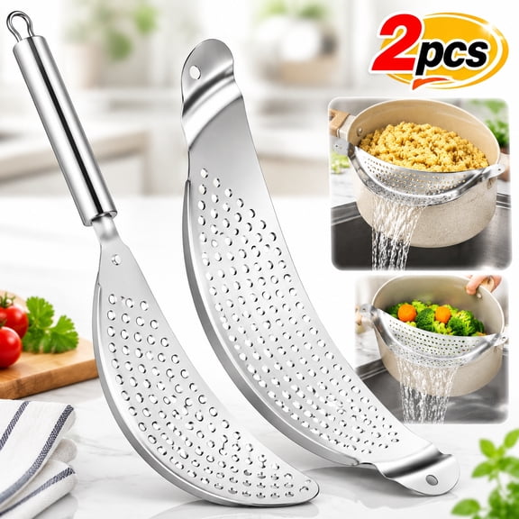 Emlimny 2 Pieces Pot Strainer with Handle Stainless Steel Colander Pasta Drainer Pan Pot Strainer with Recessed Hand Grips Suitable for Spaghetti Fry Noodles Fruit Vegetable Metal Stra Food Drainers