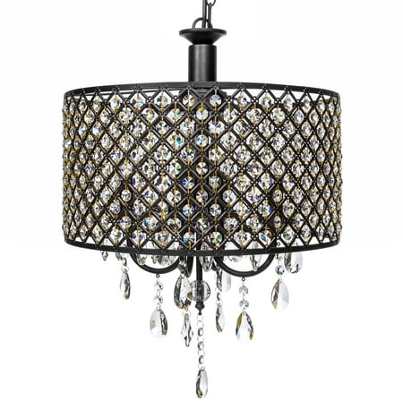 Round Rattan Pendant Light Best Choice Products 4-Light Modern Contemporary Crystal Round Pendant Chandelier w/ Classic Antique Finish, Black ()