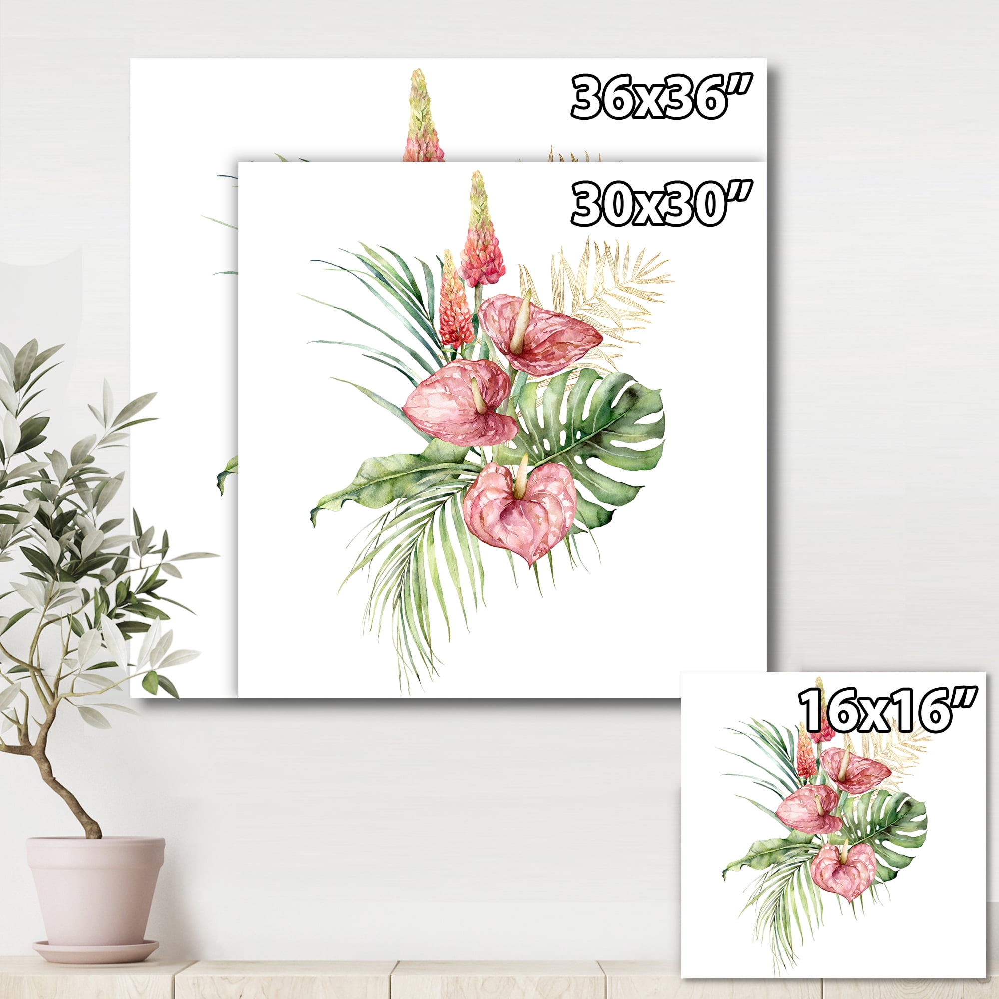 Designart ' Tropical Bouquet With Anthurium Lupine and Leaves On White I ' Traditional Canvas Wall Art Print