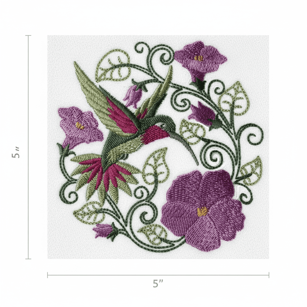 Hummingbird With Flower Circle Embroidered Iron on/Sew patch [5" X 5"]
