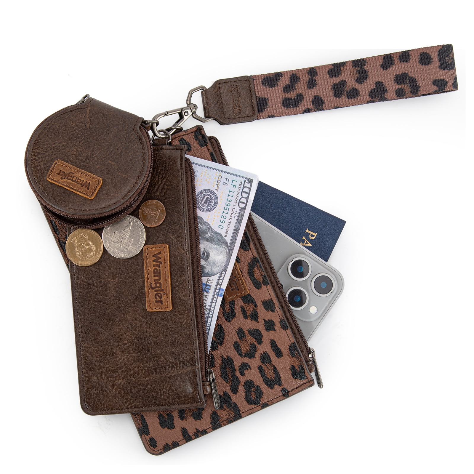 Wrangler Women's Keychain Wristlet Wallet Dual Pouch Design with Zipper Coin Purse, Spacious & Easy to Carry, Coffee