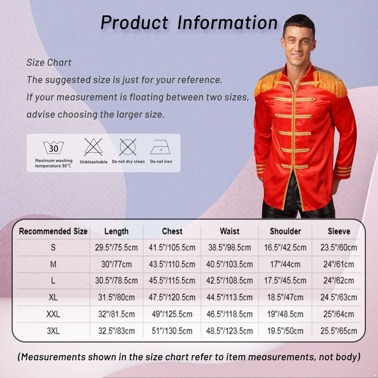 Men's Satin Military Drummer Prince Jacket Coats Costume Long Sleeve Uniform