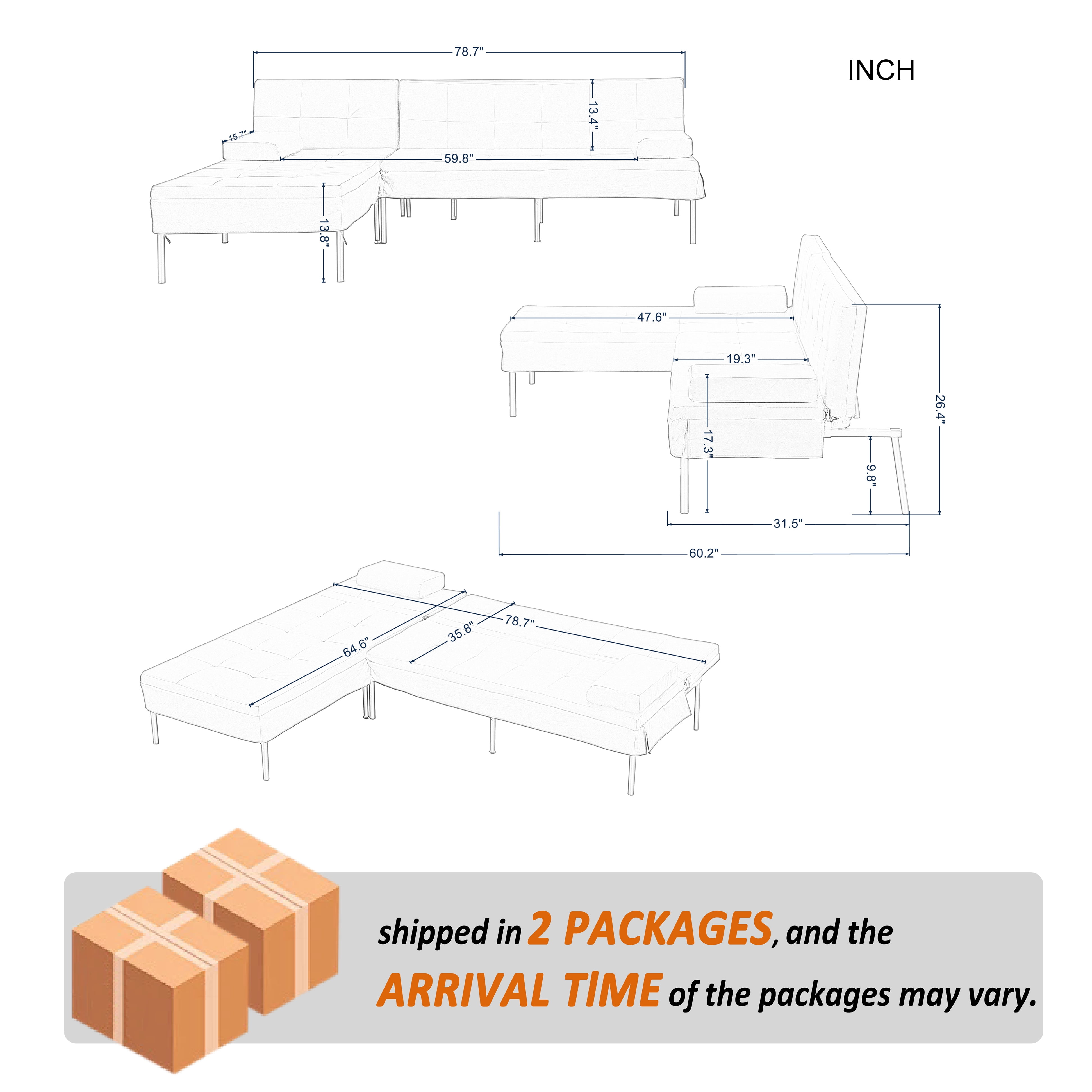 Gewnee 78.7”Convertible Sectional Sofa Bed,L-Shaped Couch with Reversible Chaise (Left or Right),5-Position Adjustable Backrest,Perfect for Living Room,Office,Dorm,Apartment.Black