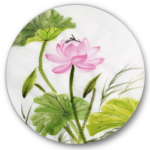 Designart 'Single Vintage Pink Lotus Flower With Green Leaves' Traditional Circle Metal Wall Art 36x36 - Disc of 36