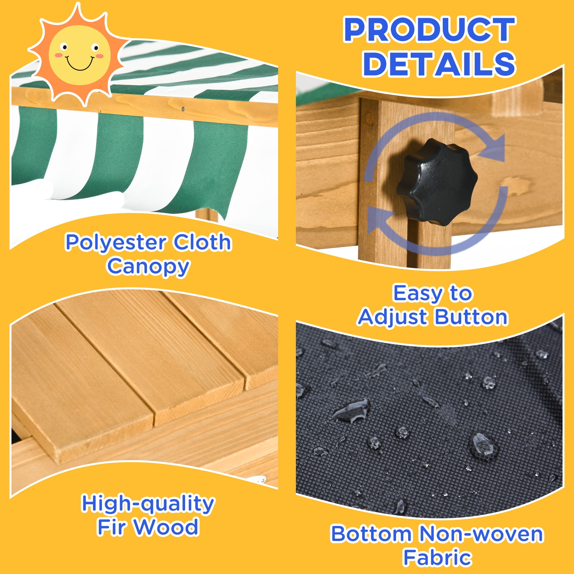 Wooden Kids Sandbox with Adjustable Canopy & Cover, Foldable Bench Seats with Backrest, Outdoor Sand Box with Bottom Liner, Brown
