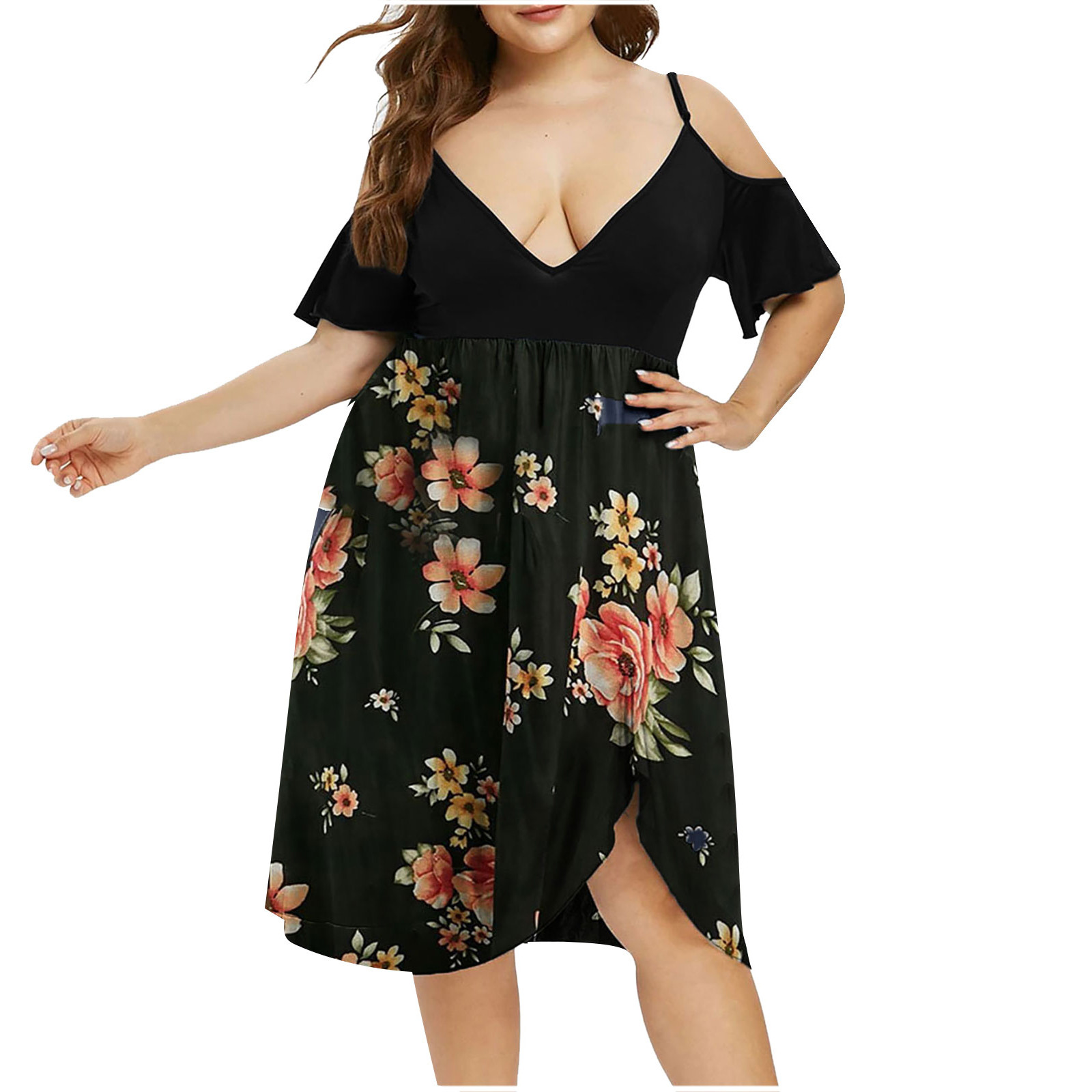 jsaierl Womens Summer Dress 2023 Beach Print Dress A Line Short Sleeve