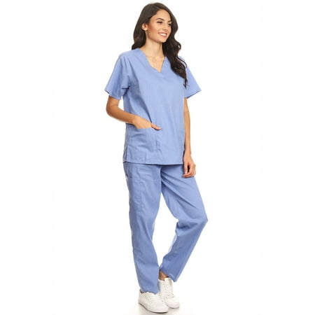 Blue White Stoneware - 2602 Women Scrub Sets V-Neck Medical Scrubs Draw String and Elastic Band Blue XS