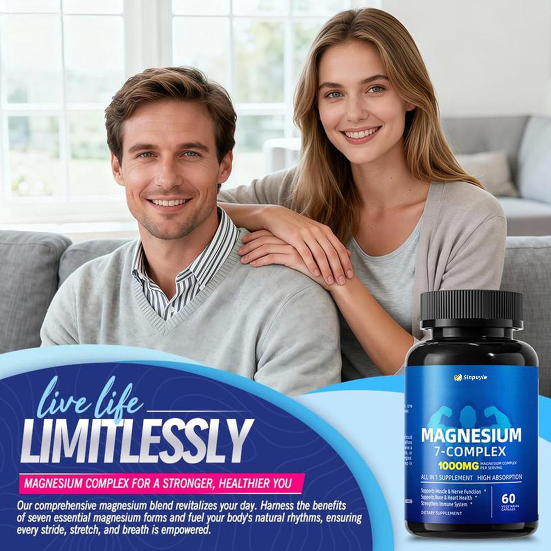 Magnesium 7-Complex 1000mg, High Absorption 7-in-1 Magnesium Supplement, Supports Muscle & Nerve Function, Bone & Heart Health, 60 Vegetarian Capsules