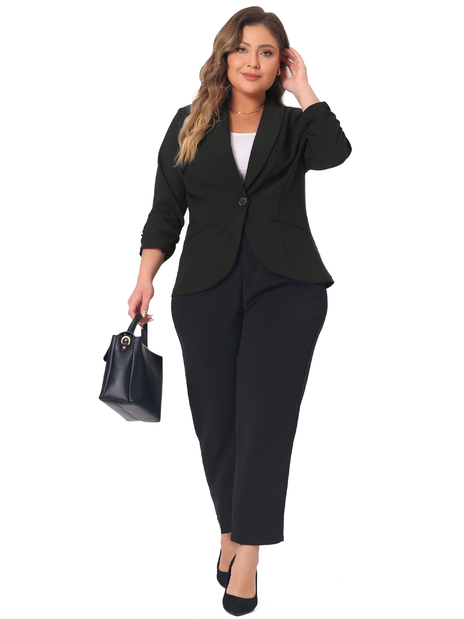 DARING DIVA Women's Plus Blazer 3/4 Ruched Sleeve Open Front Jacket 2X Black
