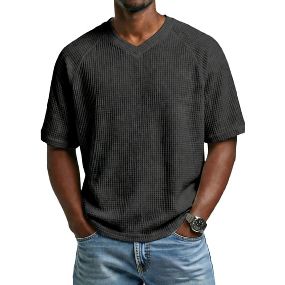 Zimjoy Men's Summer Shirts Waffle V Neck Short Sleeve T Shirts Loose Raglan Casual T-shirts, Black L