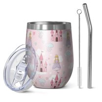 12oz Stemless Wine Tumblers Princess Castle Cloud Pattern Vacuum Insulated Stainless Steel Travel Tumbler Cups Mug with Lid and Straw for Champaign,Cocktail,Beer with Cleaning Brush