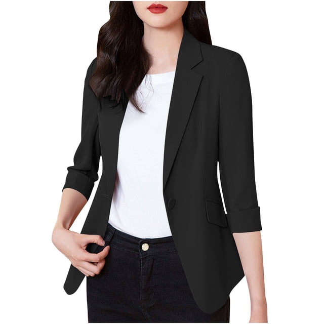Veste de Complet Décontractée pour Femmes avec Col à Revers et devant Boutonné, Mélange Léger Polyester-Spandex, Longueur Régulière, Noir, P