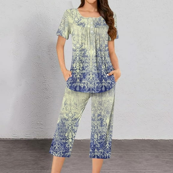 Runfenguu Curvy Women Outfits Women'S Fashion Casual Loose Printed Garden Collar Button Cropped Pants Suit