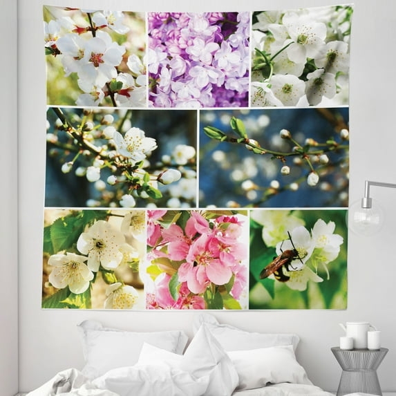 Tree Tapestry, Spring Collage with Twiggy Cherry Blossom Sakura Trees and Jasmine Branches, Fabric Wall Hanging Decor for Bedroom Living Room Dorm, 5 Sizes, Multicolor, by Ambesonne