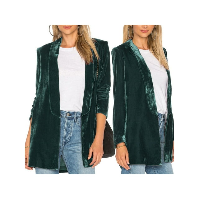 Sunloudy Women Spring Fall Casual Velvet Blazer, Solid Color Open Front Long Sleeve Lapel Suit Jacket