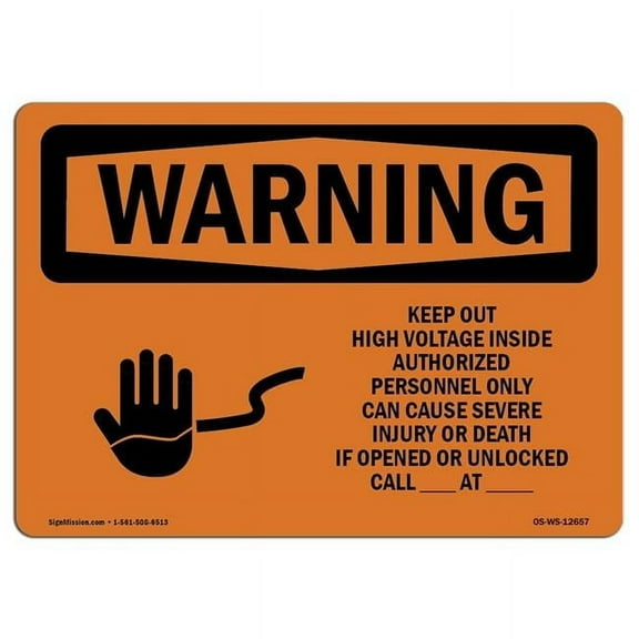 SignMission OS-WS-A-1218-L-12657 12 x 18 in. OSHA Warning Sign - Keep Out High Voltage with Symbol