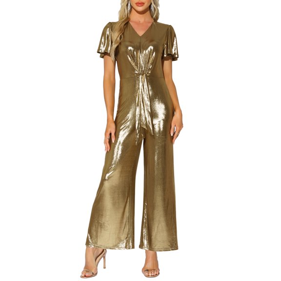 INSPIRE CHIC Women's Jumpsuit V Neck Puff Short Sleeve Self Tie Front Casual Jumpsuits XS Metallic