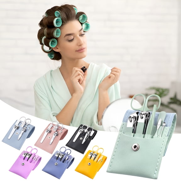 EXLEAF Manicure Set - 7 Pieces Professional Travel Nail Clippers with Green Leather Bag, Stainless Steel Nail Care Tools Grooming Kit for Women(Pink)