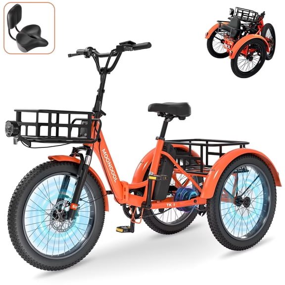 MOONCOOL TK1 Folding Electric Tricycle for Adults,48V 14.5Ah Removable battery, Peak1000W Motor, 20" Fat Tire Step-Thru 3 Wheel Electric Bicycle W/ Wide Seat & Backrest