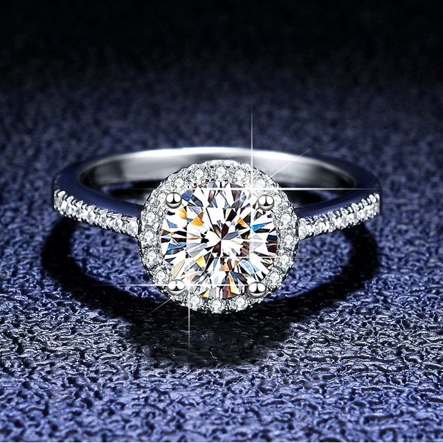 Anillo de moissanita s925 anillo de plata esterlina tarjeta de inicio 1 quilate bolsa redonda Mosan Diamond joyería de mujer