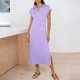 thumbnail image 5 of TaTaai Women's Short Sleeve Midi Dress Solid Color Lapel Collar Casual Dress with Side Slit Lightweight Stretchy Polyester Blend Gift, 5 of 7