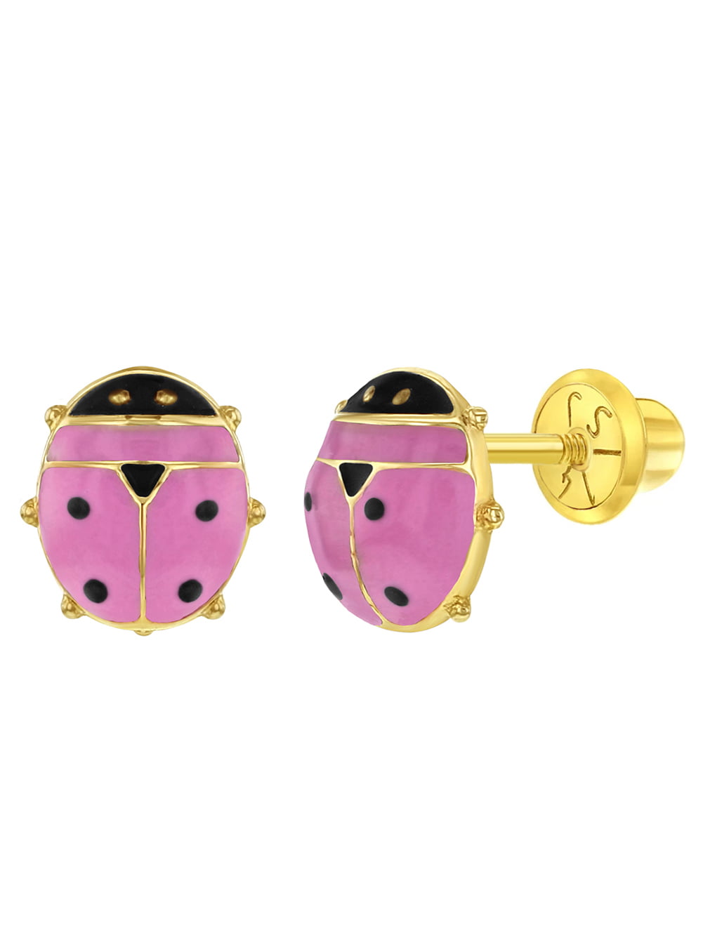 Children's Labybug Earrings 14k Solid Yellow Gold Pink Enamel Studs Screwback 