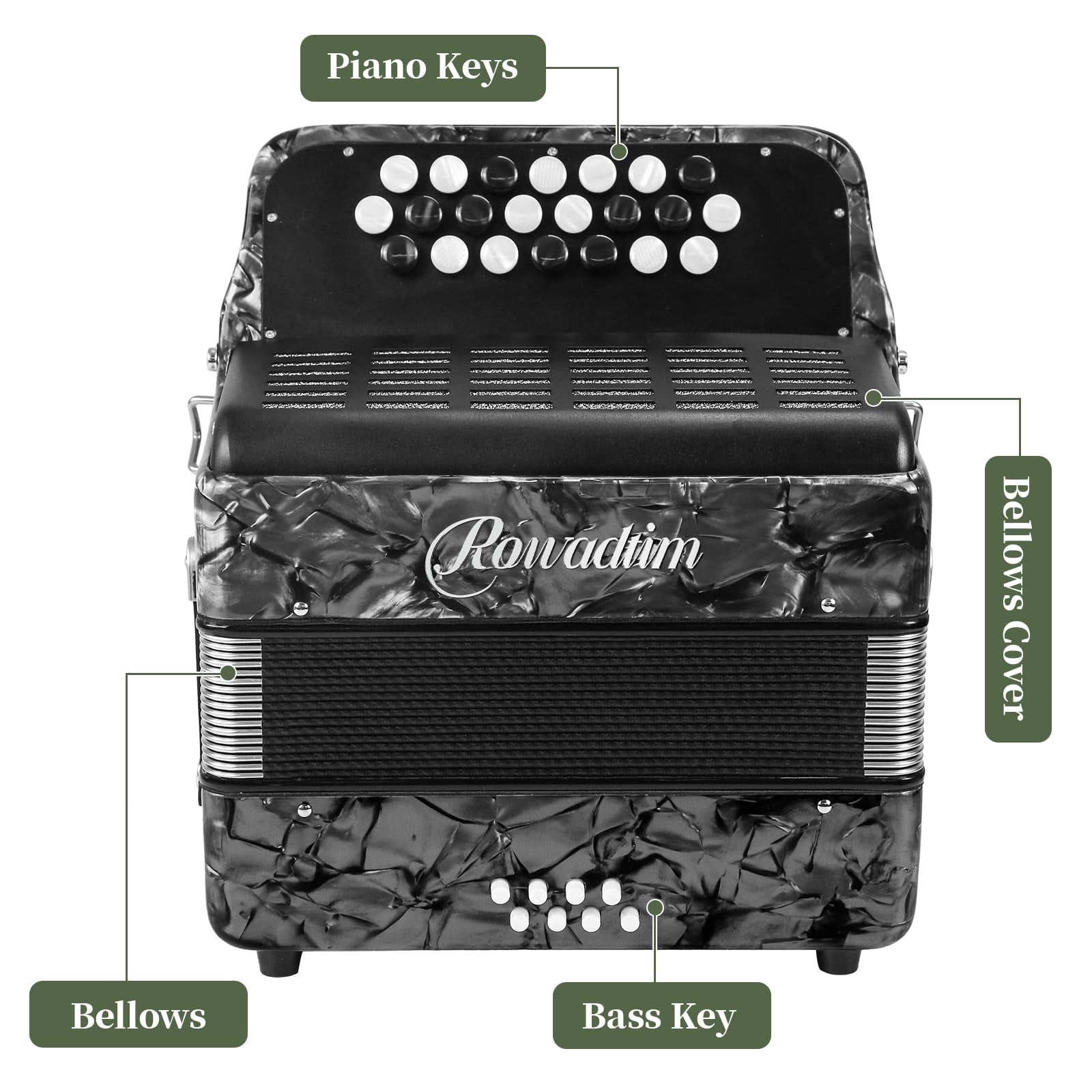 Rowadtim 22 Keys Accordion, 8 Bass Student Piano Accordions Suitable for Beginners and Students; Lightweight and Portable,  with  Backpack and Adjustable Straps (Gray)