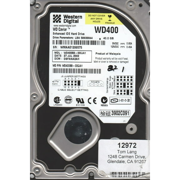 WD400BB-00CJA1, DCM DSFANA2AH, Western Digital 40GB IDE 3.5 Hard Drive