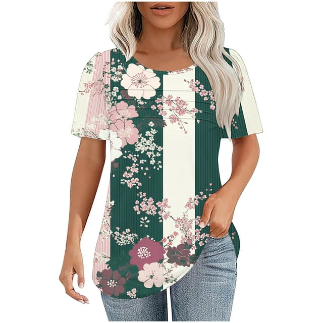 Pisexur Hauts pour Femmes, Hauts de Sortie pour Femmes, Hauts d'Entraînement pour Femmes, T-shirt à Manches Courtes Imprimé Mode Quotidienne Col Rond Blanc,S