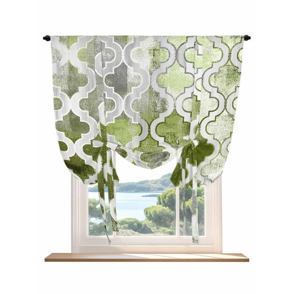 Sage Green Morocco Tie Up Curtains for Windows 63 Inch Length Balloon Curtains Kitchen Adjustable Balloon Window Shade Vintage Grey Shabby Chic Plaid Tie Up Valance Bathroom Curtain Window 46"x63"