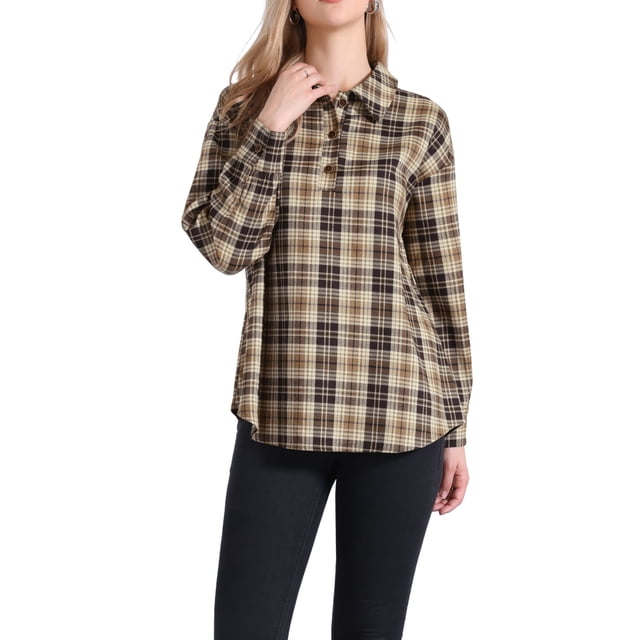 Blusa a cuadros para mujeres, camisa de manga larga con cuello de solapa y botones, color marrón