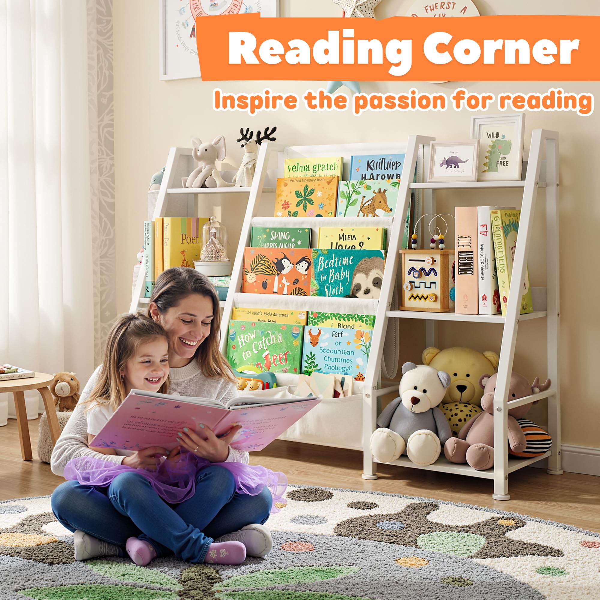 Joqixon Kids Bookshelf Large Storage Bookcase: 3-Tier Book Sling Shelf Toy Organizer for Toddler - Display Rack with 3 Pockets for Kids Rooms, Bedroom, Playroom, Nursery (White, Wood + Metal)