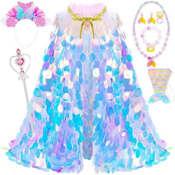 MUSICOZY Girls Princess Dress Up Toys,Baby Princess Dress Up Clothes Rainbow Mermaid Cape Kit 9 Pcs Gift Set for Little Girls 3 4 5 6 7 8 Years,kids Costume Set Props fot Halloween Christmas,Pink