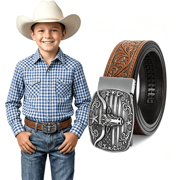 TELOLY Kids Western Ratchet Belt for Boys Girls,Genuine Leather Ratchet Cowboy Belt for Boys with Automatic Western Buckle Boys Belt