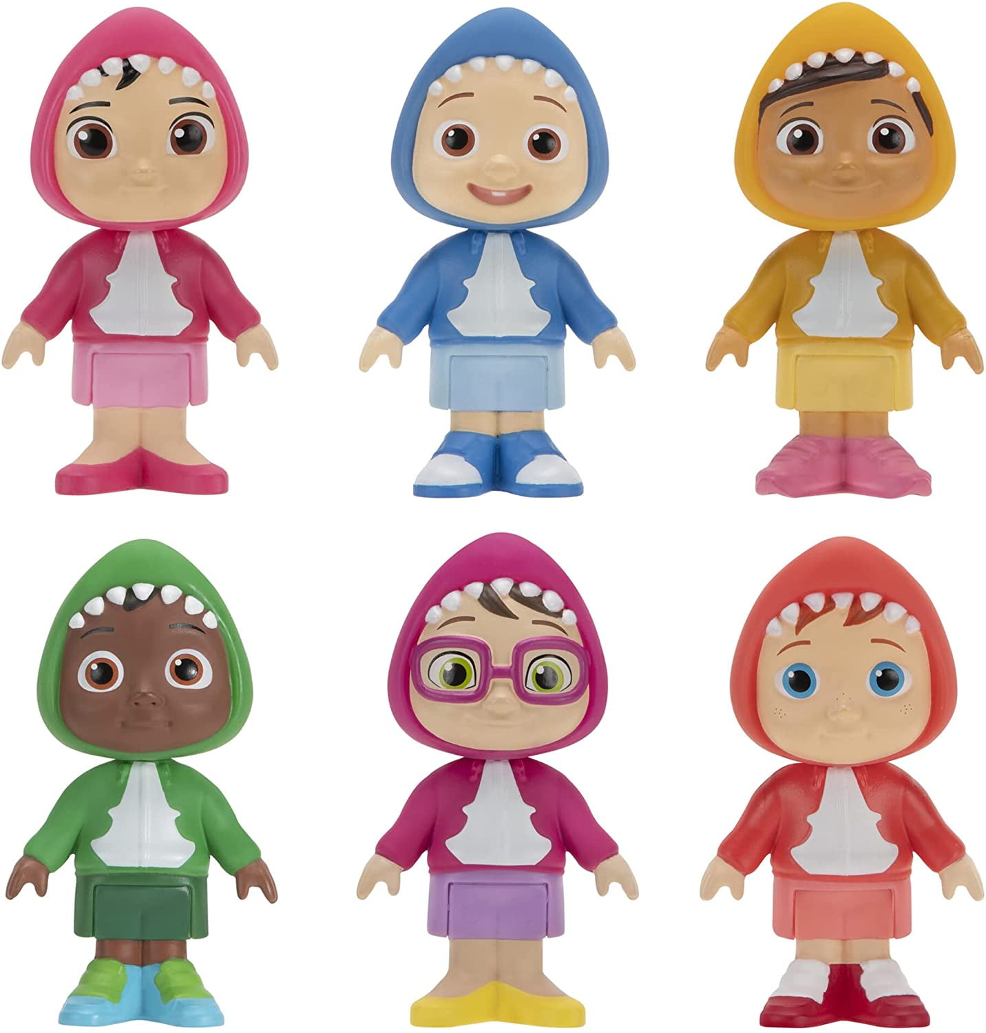 Cocomelon 6 Figure Family And Friends Shark Theme Pack Includes Jj Nico Cody Nina Bella And Cece In Shark Hoodies Toys For Kids And Preschoolers Walmart Com