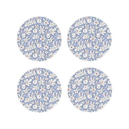 

Junzan Rabbit And Floral Print Coasters for Drinks - Leather Coasters Set of 4 for Coffee Table for Housewarming/Kitchen/Bar/Decor-Round Shape