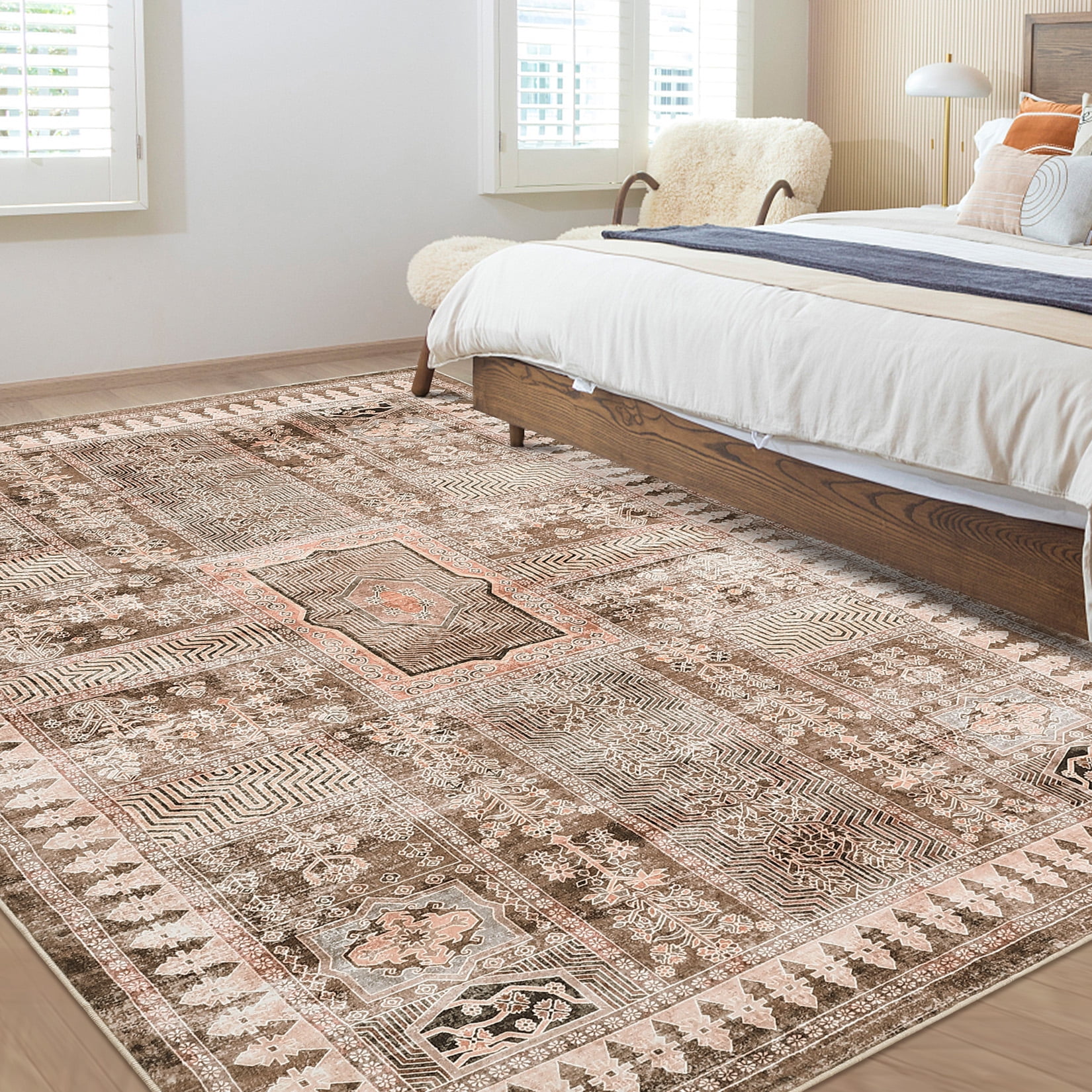 HOMERRY 9' x 12' Washable Bedroom Carpet Floral Geometric Area Rug for Dining Room, Khaki